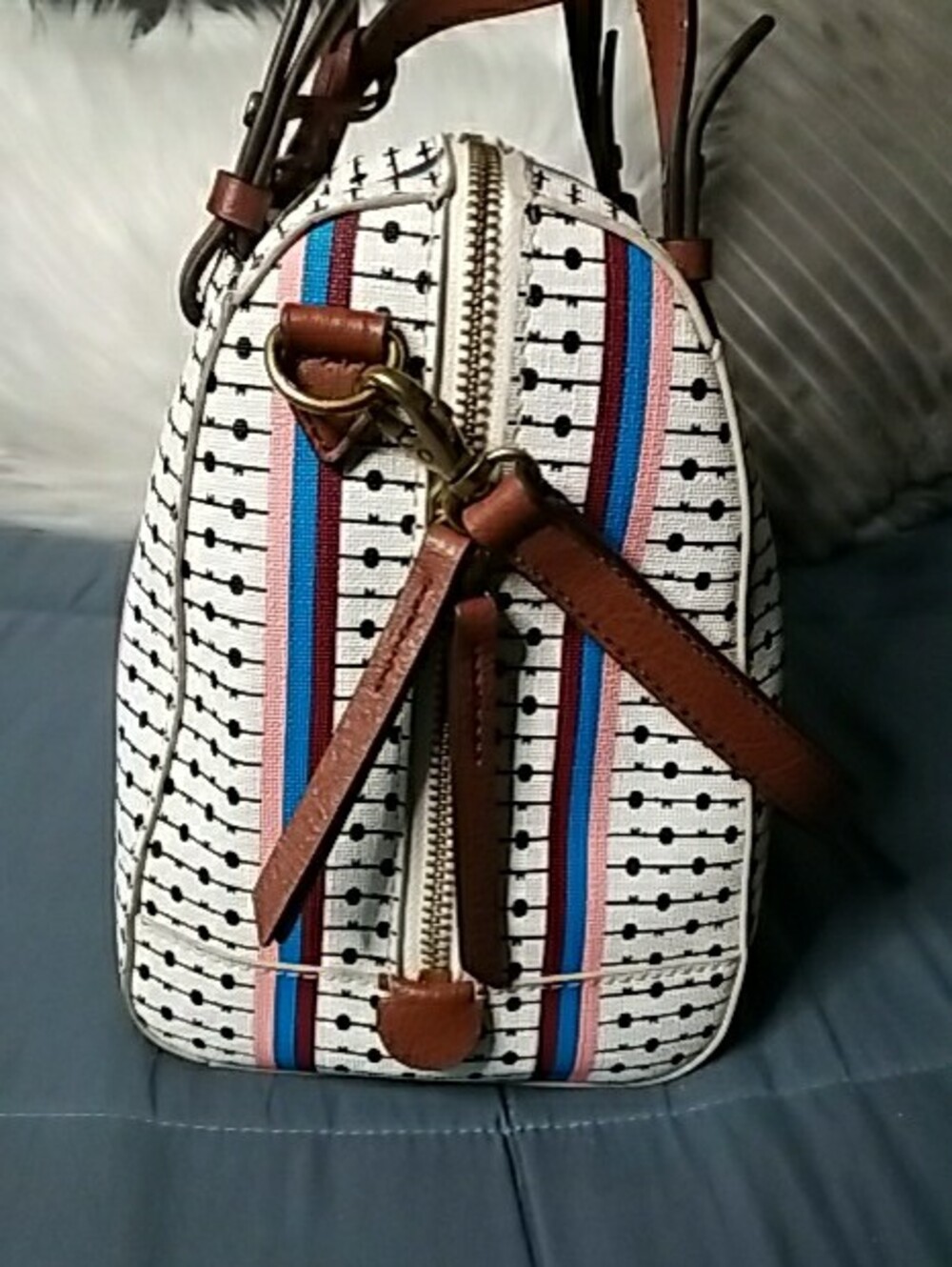 Fossil White Satchel with Brown Handles and Blue & Red Stripes - Picture 3 of 15